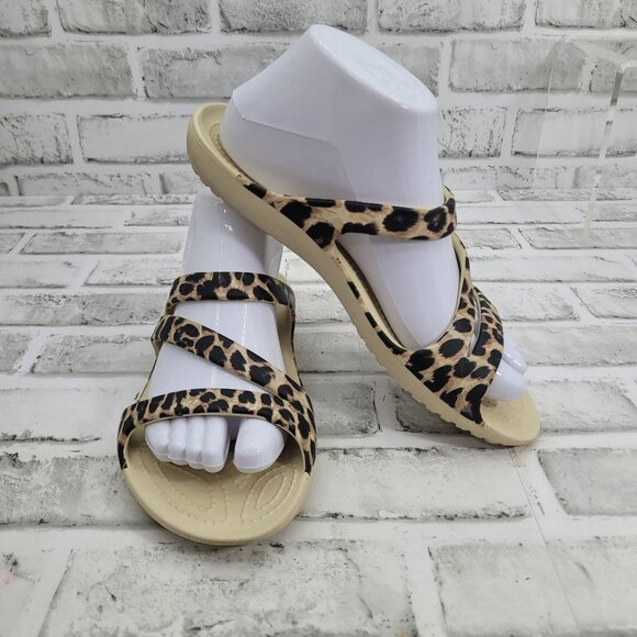 Crocs Kadee II Leopard Cheetah Strappy Sandals Women's Size 8 Tan Black - Picture 1 of 7